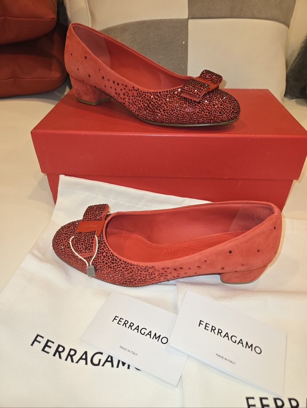 Salvatore Ferragamo Crystal-Embellished Suede Red Pumps Size 6 NWB - Picture 4 of 16